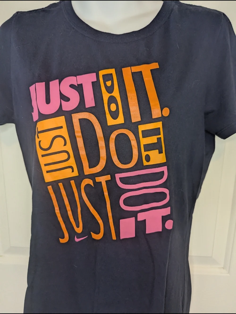 Nike Just Do It T Shirt Womens Large Navy Blue Graphic Slim Fit Tee Cotton